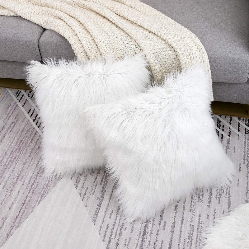 WLNUI Set of 2 White Decorative Fluffy Pillow Covers New Luxury Series Merino Style Faux Fur Throw Pillow Covers Square Fuzzy Cushion Case Spring Easter Home Decor 20x20 Inch - Image 3